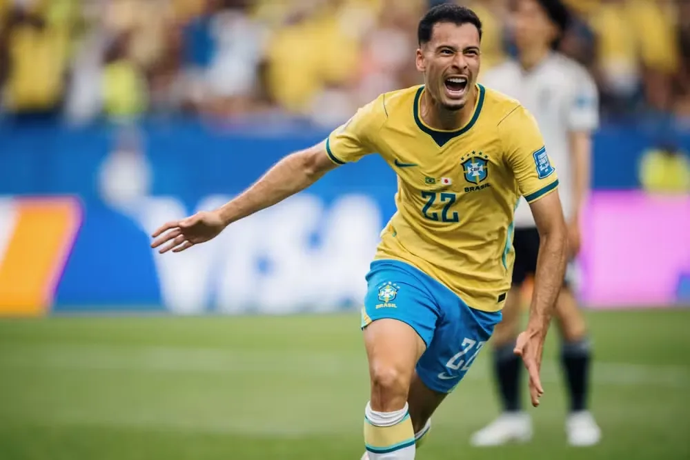 Martinelli comemora virada do Brasil sobre o Japão na Copa do Mundo 2026 — Foto: Marcelo Machado de Melo/Fotoarena/Agência O Globo